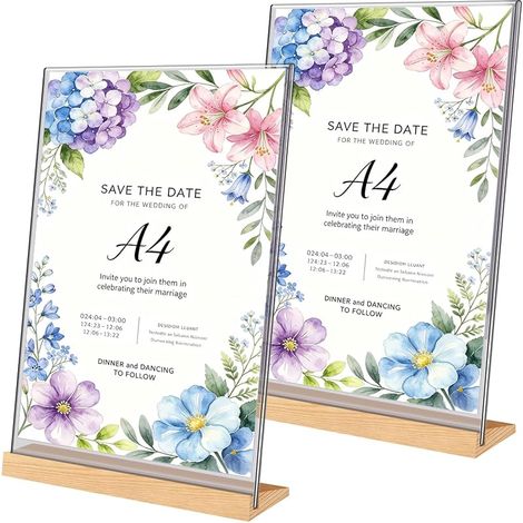 2 Porte-Affiches A4 Transparents avec Base en Bois, Support en Plexiglas en L Angulé pour Bureaux, Restaurants, Magasins, Hôtels (21 x 29,7 cm) (1/5)