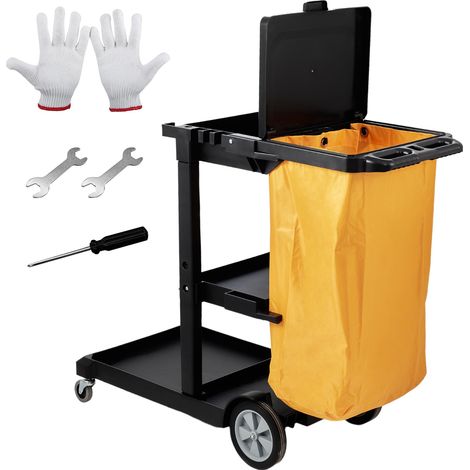 Chariot de Ménage Professionnel 3 Niveaux Chariot de Nettoyage en PP avec Sac et Couvercle Chariot d'Entretien Charge 90,7 kg Déplacement Fluide Range Outil d’Entretien Lavage Bureau Hôtel Noir (1/5)