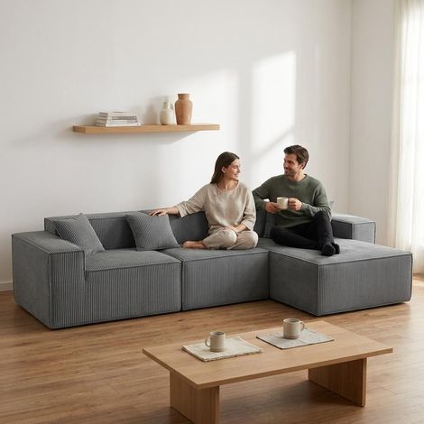 Canapé d’angle modulaire et canapé-lit, canapé nuage en L de 279 cm avec mousse confort haut de gamme, sans montage, assise profonde, tissu côtelé, canapé convertible pour salon, gris (1/5)