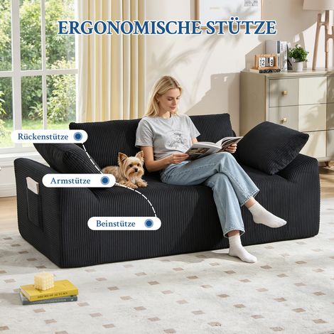 Canapé deux places sans dossier avec accoudoirs incurvés. Petit canapé rembourré à assise profonde, idéal pour le salon, la chambre, le bureau ou un appartement  aucun montage requis - NOIR (1/5)