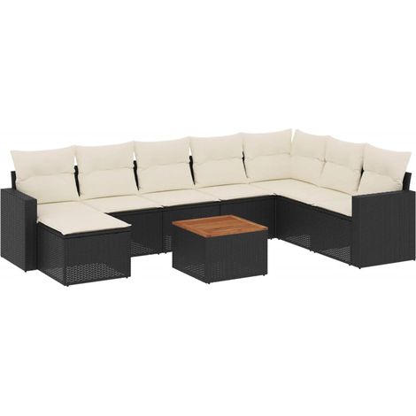 Salon de jardin 9 pcs Mobilier de jardin avec coussins noir résine tressée (1/5)