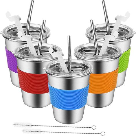 vaso infantil de acero inoxidable 304, con tapa y pajita, funda de silicona antideslizante, ideal para el colegio y los viajes. (1/5)