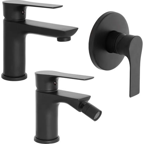 Set miscelatori lavabo bidet e doccia Flat nero opaco con piletta (1/5)