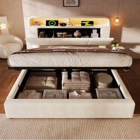 Bettgestell 180x200 cm Beige aus Samt mit höhenverstellbarem Stauraum-Kopfteil, LED und USB-Ladestation (1/5)
