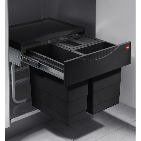 Poubelle de cuisine tri sélectif 2 bacs encastrable 28L (12+8+8) Hailo Raumspar Tandem S Coloris - Noir