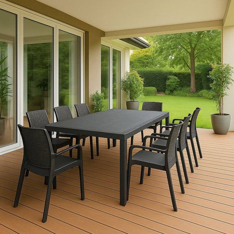 Dmora – Ensemble de salon de jardin 8 places – Imperméable – Structure en plastique noir – Table extensible – Chaises confortables