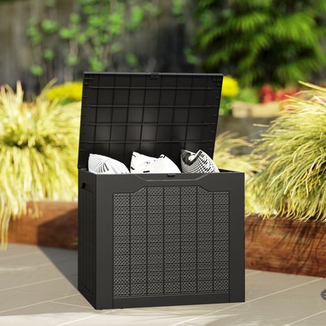93-Liter-Gartenaufbewahrungsbox mit eingelassenen Griffen, wasserdichte Aufbewahrungstruhe für den Außenbereich, 56 x 41 x 50 cm, schwarz