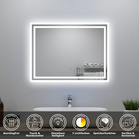 LED Badezimmer Spiegel mit Beleuchtung 60x50cm Badspiegel mit 3 Lichtfarbe Dimmbar Beschlagfrei Speicherfunktion (1/5)
