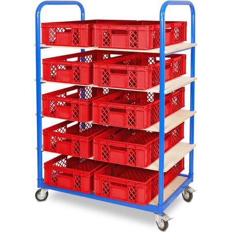 BRB Etagenwagen mit 5 Ebenen, BxTxH 1050x500x1450 mm bestückt mit 10 Euroboxen BxTxH 600x400x150 mm, durchbrochen (rot) (1/2)