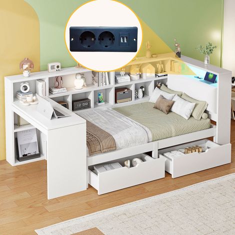 Tagesbett 90/200 cm weiß aus MDF und Sperrholz mit Schreibtisch und LED-Kopfteil (1/5)