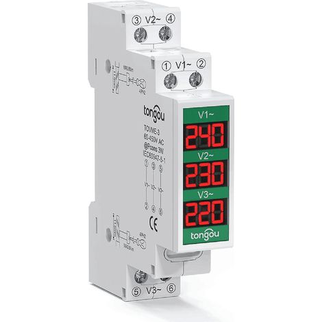 80–500 V Drehstrom-Spannungsmesser für 35-mm-DIN-Schienenmontage, modulares Voltmeter mit 3-LED-Digitalanzeige (1/2)