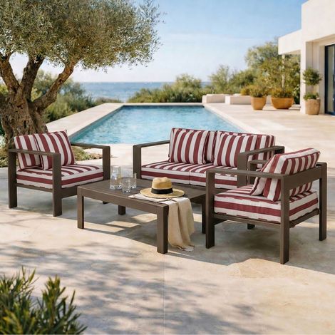 Salon de jardin 4 places en alu taupe et housse à rayures rouges (1/5)