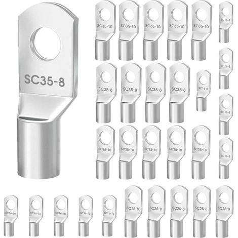 30 Pièces 16mm² M8 Cosses Tubulaires 25mm² 35mm² M10. Cosses de Câble. M8 M10 Bornes Tube Non Isolé. Câble Électriques Ronde à Œillet en Cuivre Étamé pour Marine Automotive Industriel. Argenté