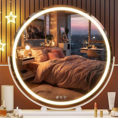 Hasipu Schminkspiegel mit Beleuchteter, 60 x 60cm LED Kosmetikspiegel mit Lichtern, Smart Touch Steuerung, 3 Farben, Dimmbar, Runder Spiegel, 360°-Drehung, Weiß