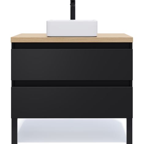 Meuble de salle de bain suspendu vasque à poser 90cm 2 tiroirs Noir - Hudson (1/5)