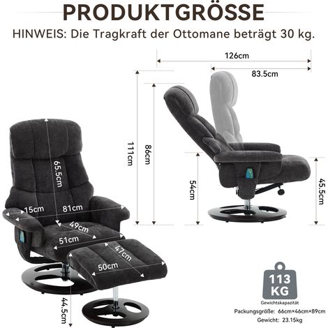 025 Fauteuil inclinable massage chauffage repose-pieds 360° pivotant, tissu chenille gris foncé, confort ergonomique salon bureau (1/4)