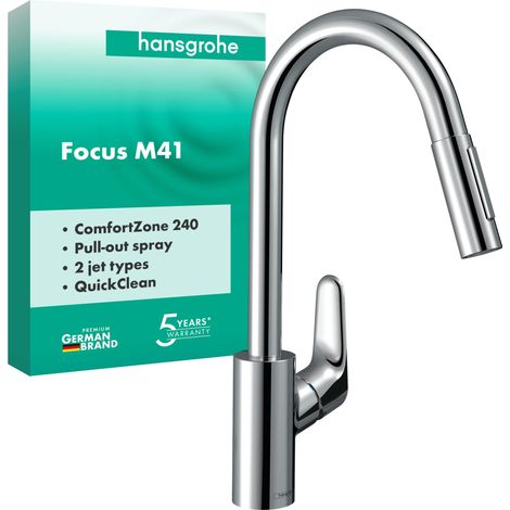 hansgrohe Focus M41 31815000 Mitigeur de cuisine avec douchette extractible, 2 jets, mitigeur avec bec hauteur 240 mm, chromé (1/5)