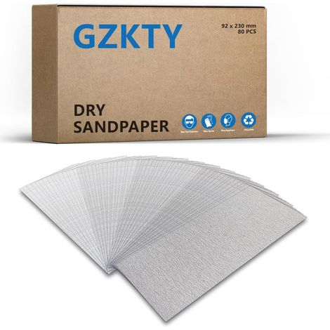 Lot de 80 feuilles de papier abrasif sec en oxyde d'aluminium blanc 93 x 230 mm / 9 x 3,6 pouces, généralement utilisé pour le ponçage de la peinture, du bois et du métal, le ponçage à la main (1/5)