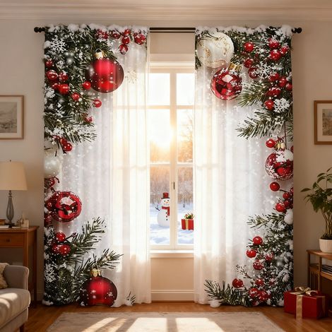Rideau De Noel Imprime - Boules De Noel Et Flocons De Neige Sur Fond Rouge - Velours - Pour Chambre Ou Decoration De Fete - 2 Pieces - 160 X 74 Cm (1/5)