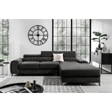 Canapé d'angle convertible en tissu velours Luxe noir, 5 places, angle droit auche (vu de face) - GRECE VELOURS (1/5)