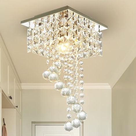 Modern Crystal Chandelier - Square Ceiling Light 20×20×35cm, Stainless Steel Pendant Lamp for Living Room, Bedroom, Dining Room, Hallway, E27 Max 60W (1/5)