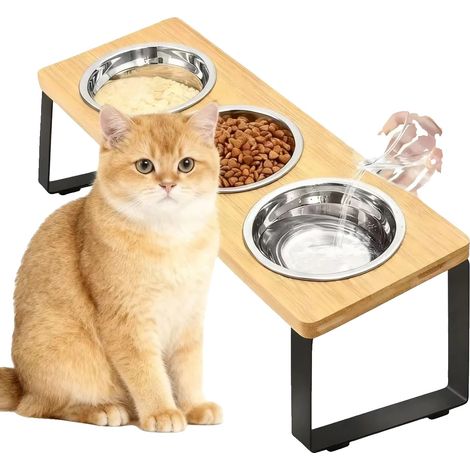 Comedero elevado para gatos, diseño inclinado a 15°, material de acero inoxidable, adecuado para gatos pequeños y cachorros, elevado con 3 cuencos, forma redondeada (1/5)