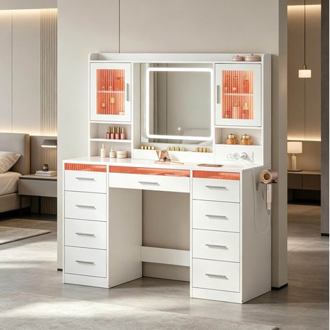 Tocador de maquillaje 110x40x140 cm blanco en madera engineered y vidrio con LED RGB y amplio almacenaje (1/5)