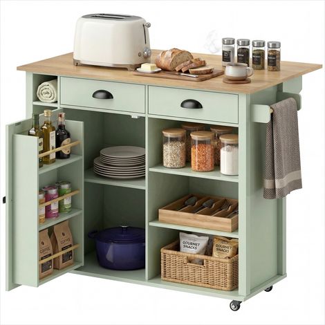 Îlot central de cuisine roulant en MDF vert avec plateau rabattable et 2 tiroirs (1/5)