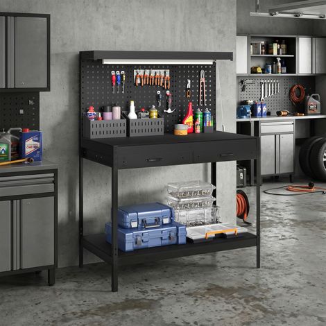Établi, capacité de charge 272 kg, 110 x 60 x 150 cm, avec plateaux métalliques perforés, prise électrique, éclairage LED, tiroirs, noir