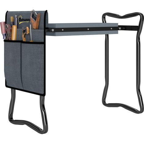 Taburete de jardín plegable con cojín acolchado grueso y 4 bolsillos para herramientas desmontables, carga de 150 kg, 58x28x49 cm, gris (1/5)
