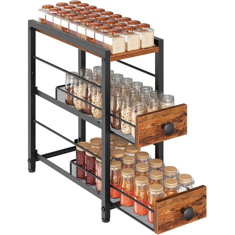 Étagère à Épices à 3 Niveaux, Organisateur Étroit pour Plan de Travail de Cuisine avec 2 Tiroirs, Rangement Café avec Tiroirs Coulissants, pour Capsules de Café, XSR02BR (1/5)