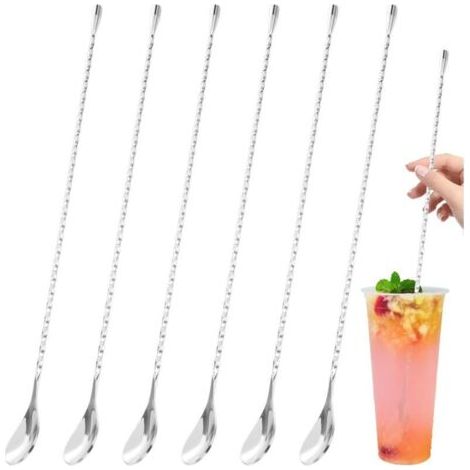 Pair Lot de 6 cuillères à cocktail en acier inoxydable de 40 cm pour shaker à cocktail en verre Argenté