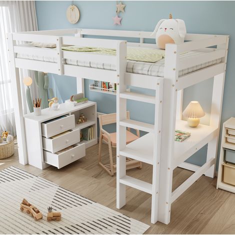 Cama alta infantil 90 x 200 cm con escritorio, cajonera y estantería, blanca, HAVRYA (1/5)