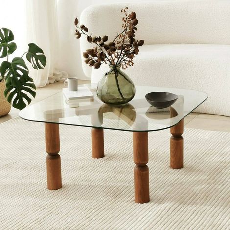 Dmora - Wohnzimmertisch Psamathe, Niedriger Wohnzimmertisch, Kaffeeregal, Couchtisch für Sofa, 80x80h40 cm, Nussbaum und Transparent, mit verstärkter Verpackung (1/5)