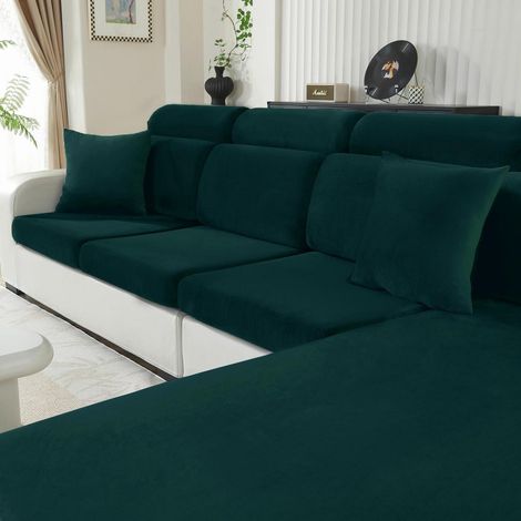 Housse de coussin de siège de canapé en velours extensible antidérapante, 1 place, vert foncé (1/5)