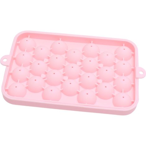 Moule à glaçons sphériques en silicone rose, 25 compartiments, démoulage facile, avec couvercle.