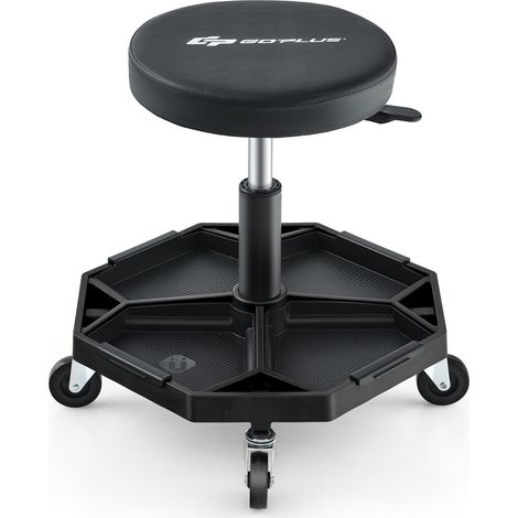 Tabouret d'atelier roulant noir avec siège rembourré réglable, 4 roulettes et plateau à outils, pour garage et atelier (1/5)