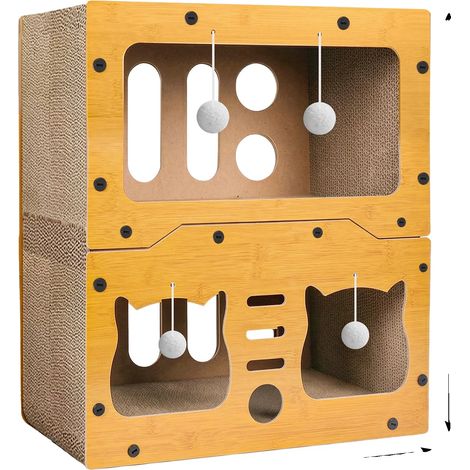 Casa para gatos, diseño de tres niveles, cartón ecológico, madera. (1/2)