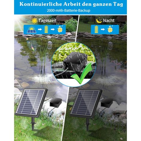 Pompe à Air Solaire pour Bassin Aérateur de Bassin Solaire avec Batterie 2000mAh et 2 Pierres d'Air Diffuseur d'Oxygène Étanche pour Étang de Jardin Aquarium Piscine Extérieure