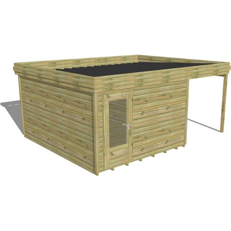 ABRI DE JARDIN bois Pin autoclave 27mm - 5,44x4,34m / 23,6m2 - Bac acier - Plancher bois