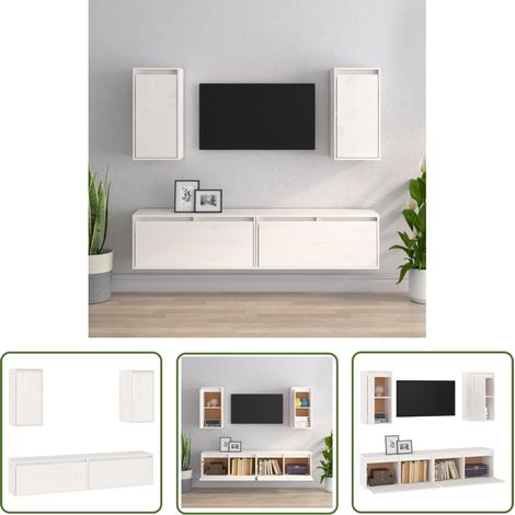 The Living Store Meubles TV 4 pcs Blanc Bois massif de pin - Meuble Tv - Meuble Suspendu - Rangement Mural - Bibliothèque Murale - Décoration Murale (1/5)
