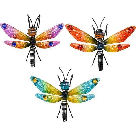 Lot de 3 libellules en métal coloré à suspendre pour pots, jardin, cour ou clôture. (1/5)