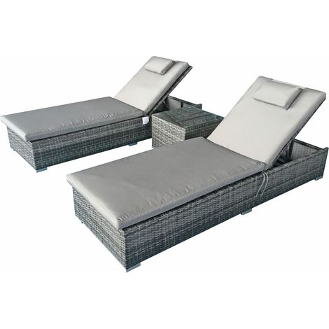 Signature Weave Jessica Wicker 2 x Sun Lounger Chair & Side Drinks Table Grey (1/4)