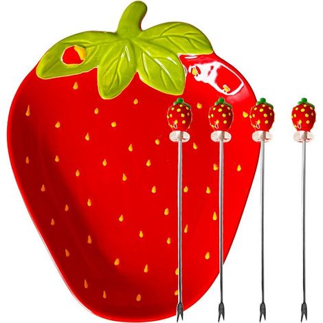 Plateau de Présentation avec 4 Pics à Apéritif Motif Fraise en Céramique Rouge - PANGIVO (1/5)