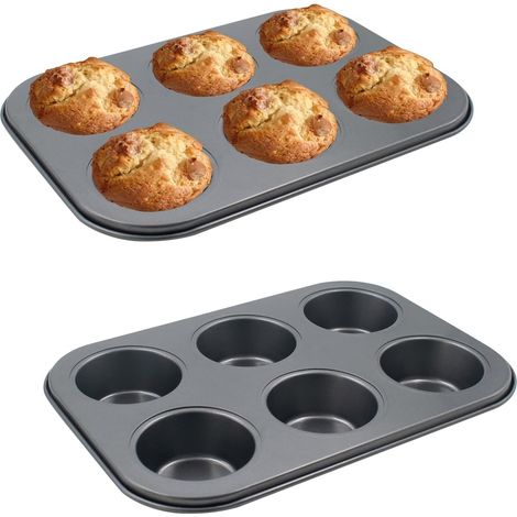 Lot de 2 Moules à Yorkshire Pudding Géant - Plaque à Muffins Jumbo 6 Cavités Profondes en Acier Carbone Anti-Adhésif, pour Muffins, Cupcakes et Pains - Gris Foncé,Parent,-