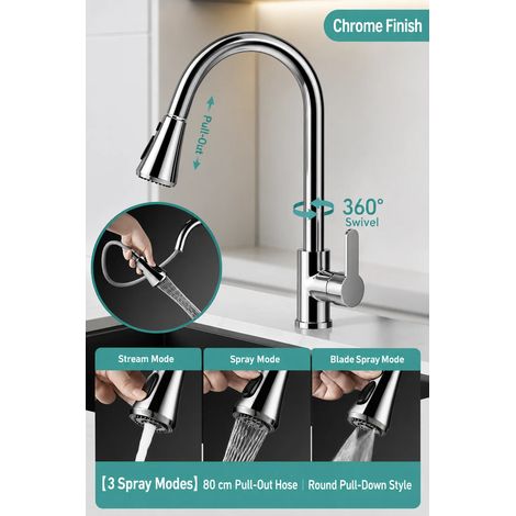 Robinet de cuisine extractible (à brosse ronde) avec mitigeur thermostatique double jet, rotation à 360°, en acier inoxydable. (1/5)