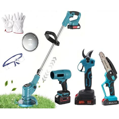 KIT GIARDINAGGIO 4 IN 1 MOTOSEGA CESOIA TAGLIARBA SOFFIATORE 2 BATTERIE 88V (1/5)