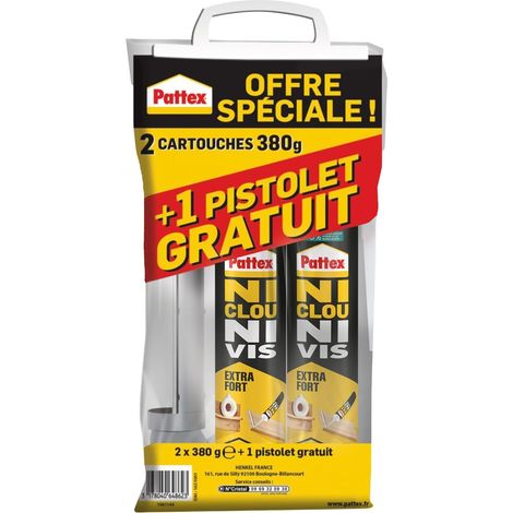 Ni Clou Ni Vis Fix Bois, colle de fixation surpuissante, colle rapide qui permet une prise instantanée, colle blanche, lot de 2 cartouches 380 g + 1 pistolet extrudeur (1/5)