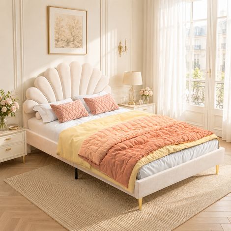 Lit double adulte 140 x 200 cm avec tête de lit réglable - Velour Beige - Pieds métal - Sommier à lattes - Scandinave moderne (1/5)