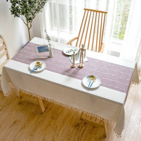 Nappe de Table rectangulaire en Coton et Lin Solide Broderie À Carreaux Gland Coton Couverture De Table en Linge pour Cuisine Salle À Manger Décoration de Table (60x60 cm, Violet)